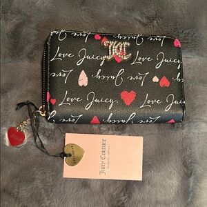 NWT Juicy Couture Black Zip Wallet with Pink and Red Heart Accents